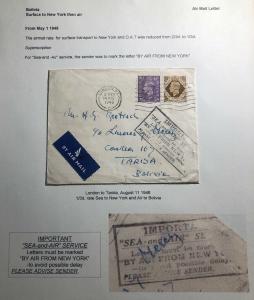 1946 London England Sea-Air Service Cover To Tarija Bolivia Via New York