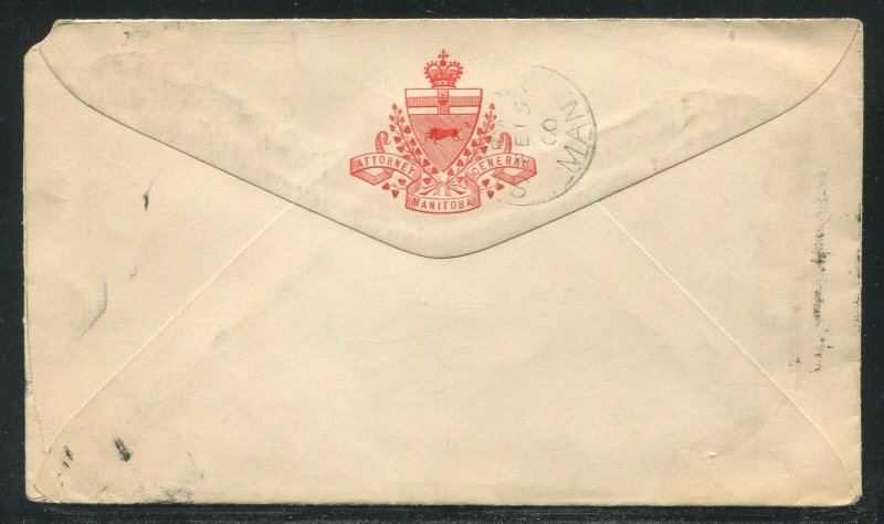 MANITOBA TOWN CANCEL COVER WINNIPEG- POSTMASTER GENERAL HAND STAMP