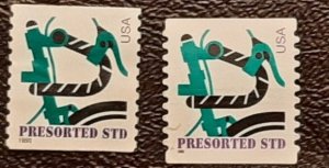 US Scott # 3228, 3229; Two (10c) Bicycle Presort rate from 1998; used, VF