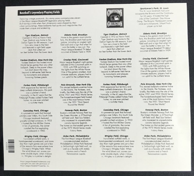 US #3510-3519 (3519a) MNH Sheet of 20 Legendary Baseball Parks SCV $1800