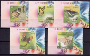 St.Thomas and Principe 2010 Butterflies and Insects 5 Souvenir Sheets IMPERF.MNH