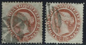 NEWFOUNDLAND 1865 QV 12C BOTH SHADES USED