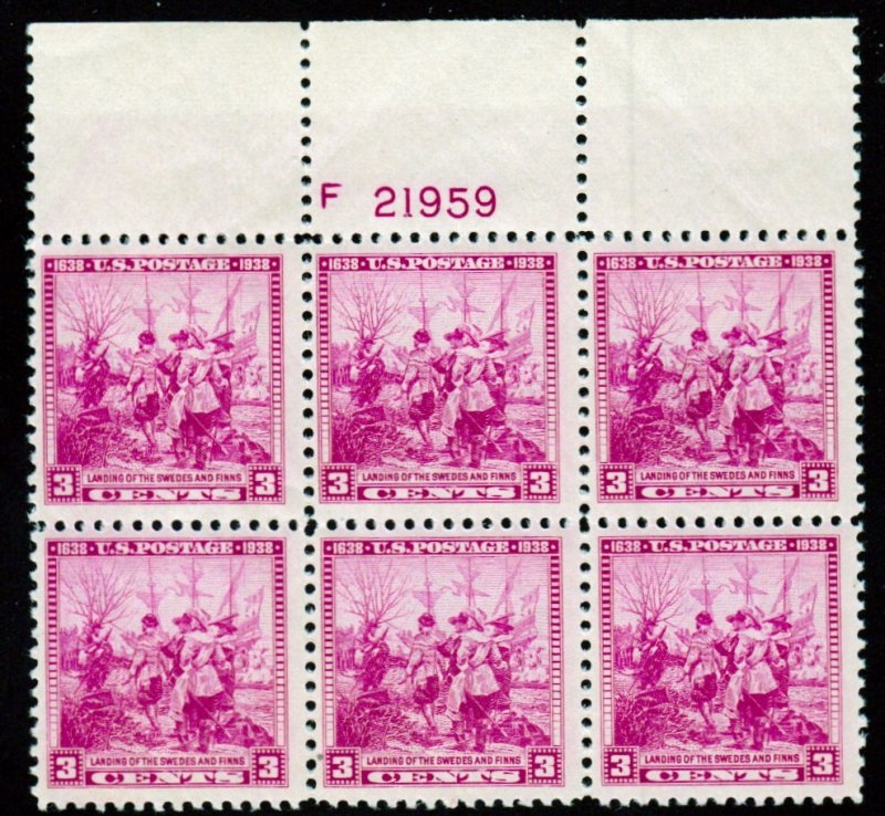 SC# 836 - (3c) - Swedish-Finnish Tercentenary, MNH plate blk/6 Top # F 21959