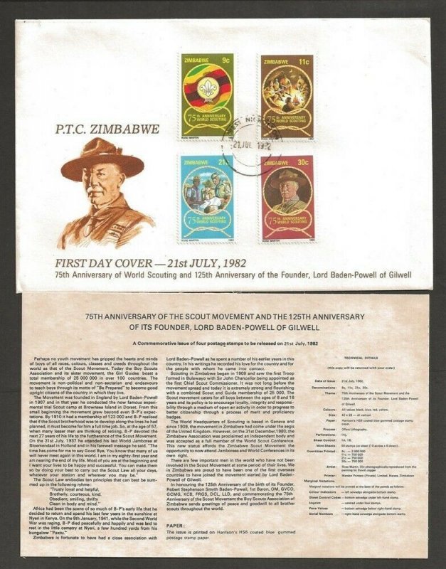 1982 Scouts Zimbabwe 75th anniversary World Scouting BadenPowell FDC