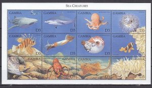 Gambia, Scott cat. 2162. Sea Creatures sheet of 12.