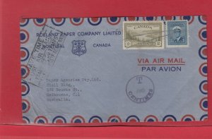 SHORT-PAID DUE TransATLANTIC Air mail 194? T100 CENTIMES>AUSTRALIA from Canada