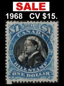 SALE 1868 CANADA REVENUE $1 #FB52 QUEEN VICTORIA CV $15 SMALL FAULT SEE SCANS