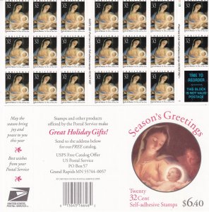 U.S Sc# 3112 32¢ Christmas 1996 Madonna & child complete booklet MNH CV $15.