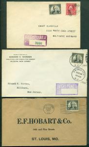 #623 3 DIFF CITIES FDC; 2 REGISTERED MAIL BL6541