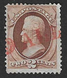 US #135 2¢ Andrew Jackson, Red Brown, Used. Marking red: PAID ALL