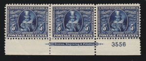 US 330 5c Jamestown Exposition Bottom Mint Plt#3556 Strip of 3 F-VF OG H SCV$450