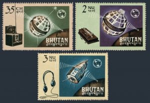 Bhutan 53-55, yellowish gum. ITU-100,1965. Satellites: Telstar,Syncom.Morse key,