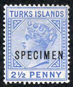 TURKS ISLANDS SG65s 2 1/2d Ultramarine Die 2 Crown CA Perf 14 M/M Opt SPECIMEN