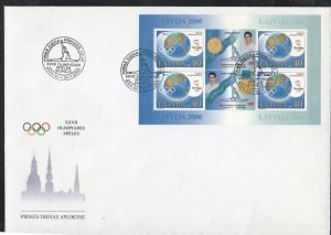 Latvia Sc 518 2000 Olympic Winners stamp sheet on large FDC