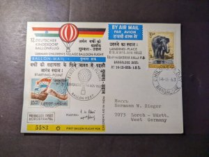 1963 India Bangalore Balloon Post First Flight Cover FFC to Lorch Wurtt Germany