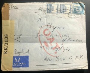 1944 Tel Aviv Palestine Censored Airmail Cover To Zionist Org New York USA