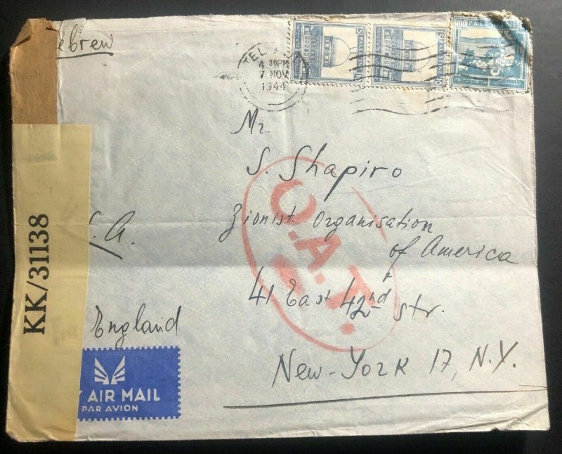 1944 Tel Aviv Palestine Censored Airmail Cover To Zionist Org New York USA