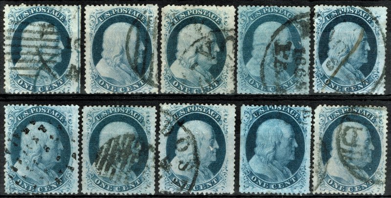 [0950] 1859 Selection of 1¢ blue Franklin used (x10)