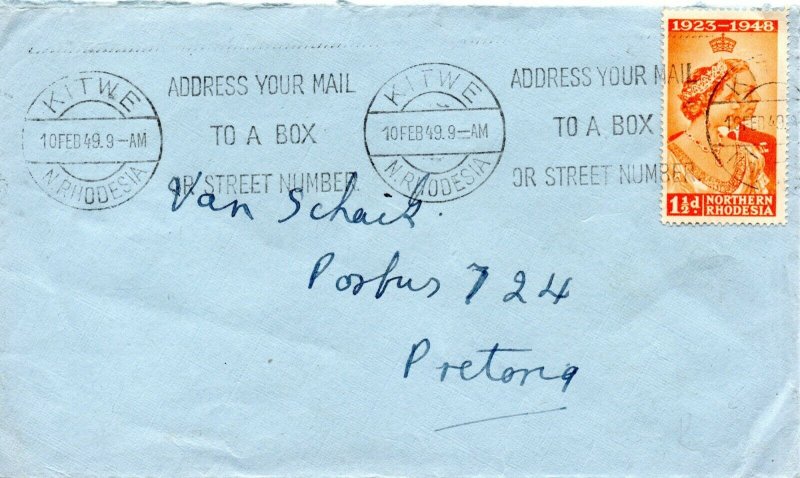 1949 Northern Rhodesia Sg 48 1½d orange Silver Wedding on Cover to Pretoria