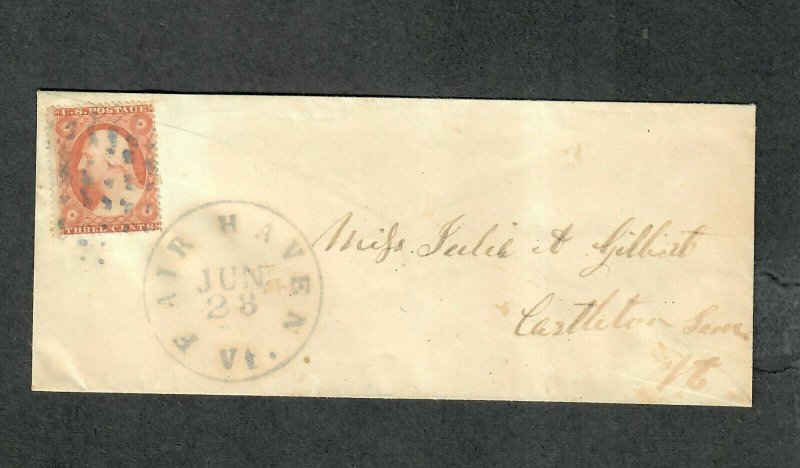 US Sc#26 Left Marginal Fair Haven VT (Rutland Co) Scarce Ultramarine Cancel