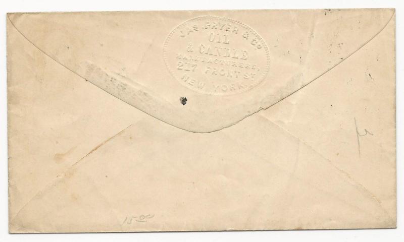 US 19th Century Cover Scott #25 tied Black CDS Colorless Embossed ADV Backflap