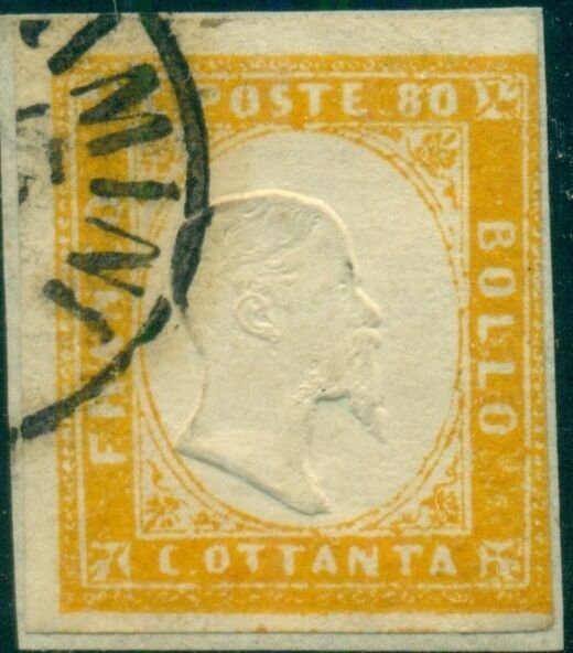 ITALIAN STATES SARDINIA #14 80c orange yellow, used on small piece Scott $390.00