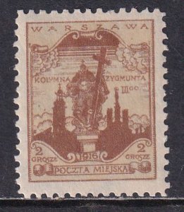 Poland 1918 Sc 11 Warsaw Local Post Sigismund III Statue No Surcharge Stamp MH