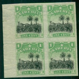 LIBERIA #115v, 1¢ Coffee Plantation, Imperforate Block of 4, NH thin paper VF