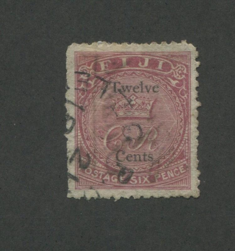 1872 Fiji Postage Stamp #20 Used Very Fine Partial Postal Cancel 12c Surcharged