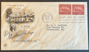 MOUNT VERNON #1032 FEB 22 1956 MT VERNON VA FIRST DAY COVER (FDC) BX6