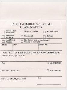 USPS self-adhesive label for 2nd 3rd & 4th Class Matter 1987 Postal Form