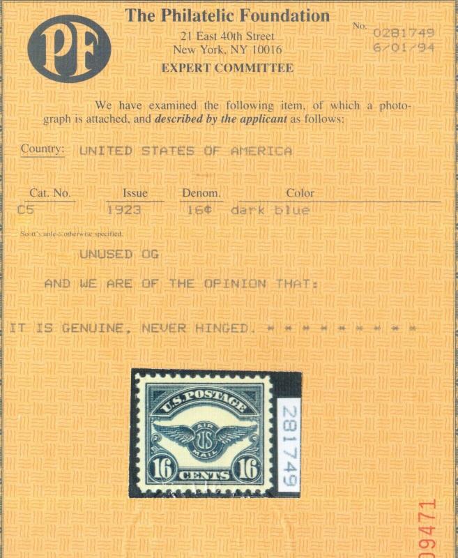 USA #C5 Extra Fine Never Hinged **With Certificate**