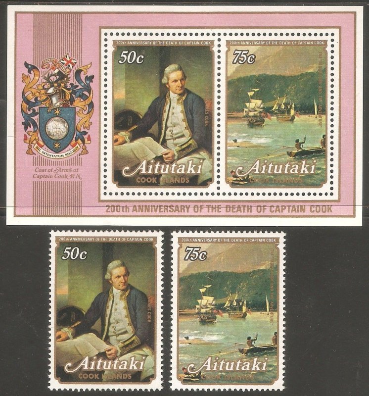 AITUTAKI Sc# 171 - 172a MNH FVF Set of 2 + SS 1979 Captain Cook