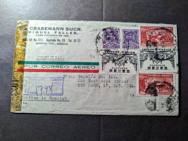 1944 Registered Censored Mexico Airmail Cover Merida Yucatan to New York NY USA