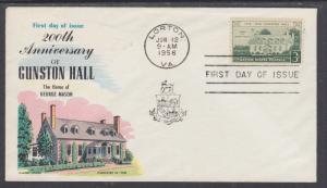 US Mel 1108-8 FDC. 1958 3c Gunston Hall, Fluegel Cachet, VF