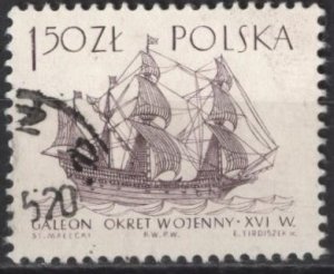 Poland 1207 (used) 1.50z ships: 16th-c. galleon, claret (1964)