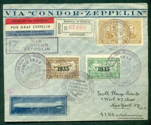 PARAGUAY, 1935, Graf Zeppelin/Condor registered Flight cover to U.S., scarcer