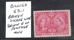 Canada # 53 MINT NH VF BILLIGS CONSTANT PLATE FLAW #1 BS21441