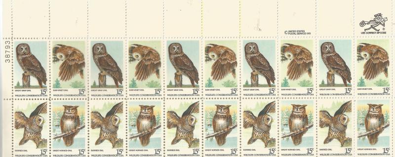 USA 1763A, WILDLIFE CONSERVATION, OWLS, PLATE STRIP OF 20, MNH, 1978