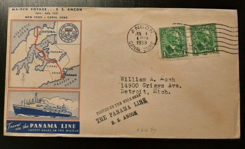 1939 Maiden Voyage SS Ancon Cachet Panama Line Ancon Canal Zone Detroit MI