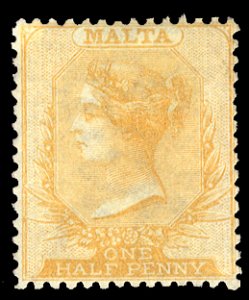 Malta #3c Cat$300, 1863-80 1/2p orange yellow, small hinge remnant, with 2002...