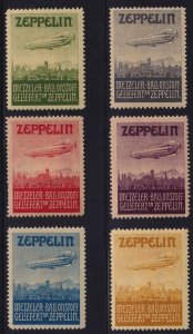 Germany c. 1920 6x Metzeler Ballonstoff Zeppelin Airship Label Poster Stamps