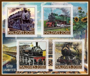 Stamps.Trains Retro Locomotivies  2021 year 1+1 sheets perf Maldivies