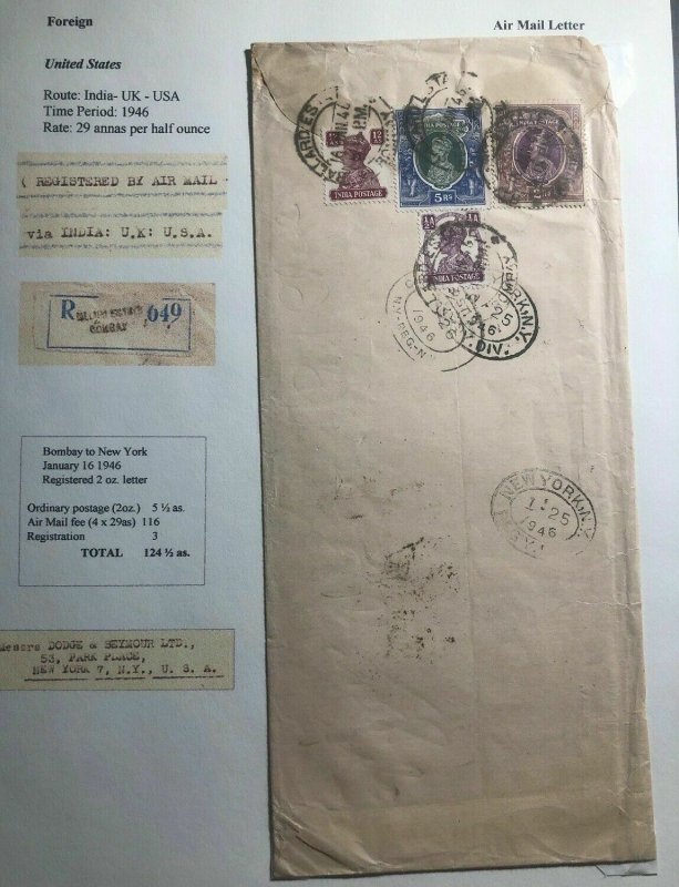 1946 Bombay India Commercial Airmail Cover To Dodge & Seymour New York USA