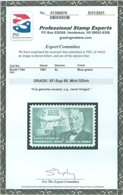 USA Scott #1184, Mint-OG-NH, Graded PSE XF/SUPERB 95, G.W. NORRIS, SMQ $25! (SK)