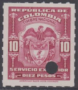 COLOMBIA 1944-56 REVENUES SERVICIO EXTERIOR 10 Pesos, ROULETTED UNRECORDED PROOF