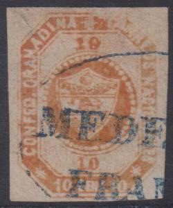 COLOMBIA 1859 Sc 4e RED ORANGE STONE B MAJOR PLATE FLAW MEDELLIN CANCEL SCV$90+ 