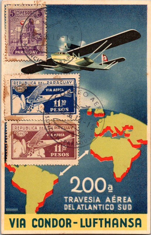 1936 Asuncion Paraguay Illustration Postcard Cover Condor Lufthansa