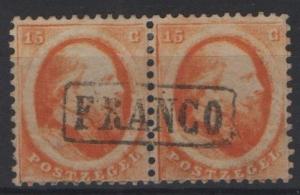 Netherlands  #6  used  1864  Willem III pair 15c