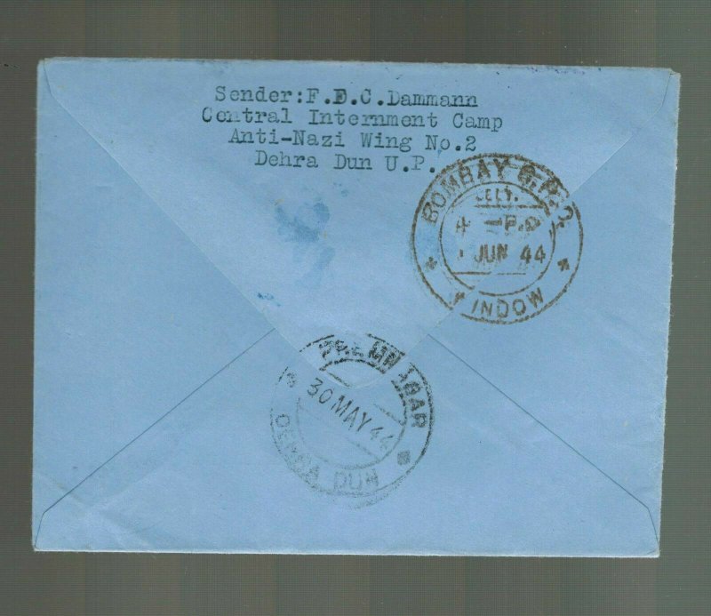 1944 Dehra Dun India POW Internment Camp Cover to Jewish  Relief Associat Bombay